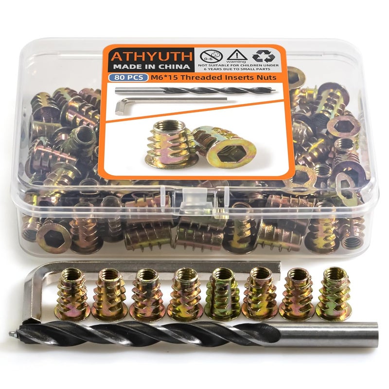 ATHYUTH Store Threaded Inserts for Wood, 80 Pieces Zinc Alloy Thread Inserts Nuts for Soft Wood, Hex Socket Flanged Threaded Wood Inserts M6*15mm Screw Inserts for Wooden Forniture - Image 1